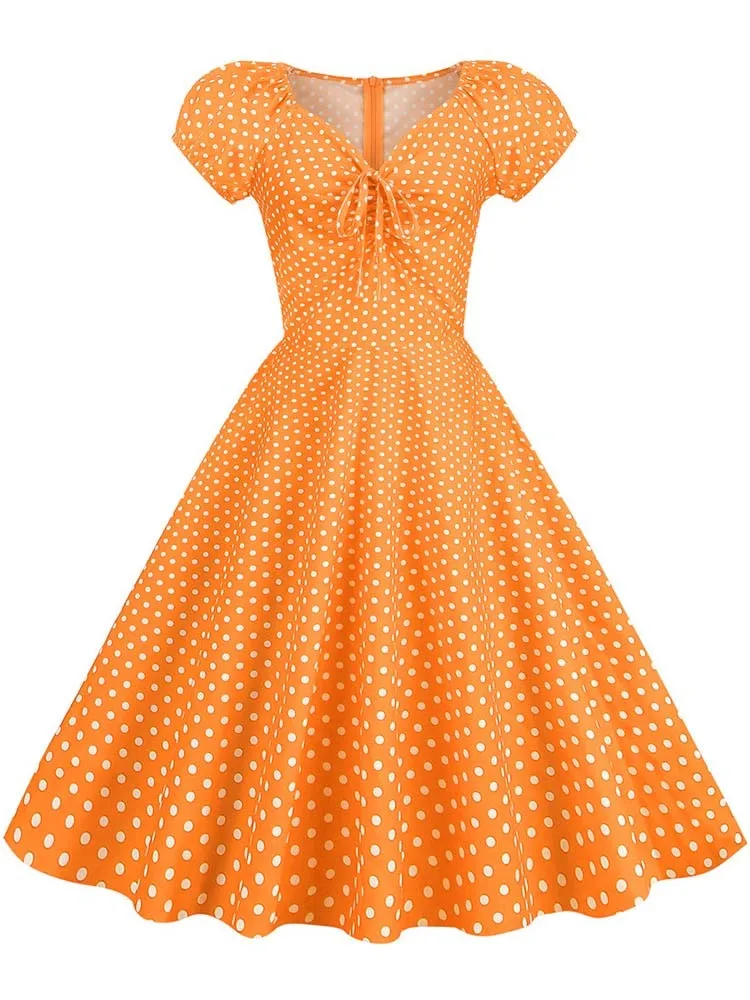 

Элегантное винтажное платье в горошек, женское летнее платье с пышными короткими рукавами и V-образным вырезом, повседневный трапециевидный миди-сарафан