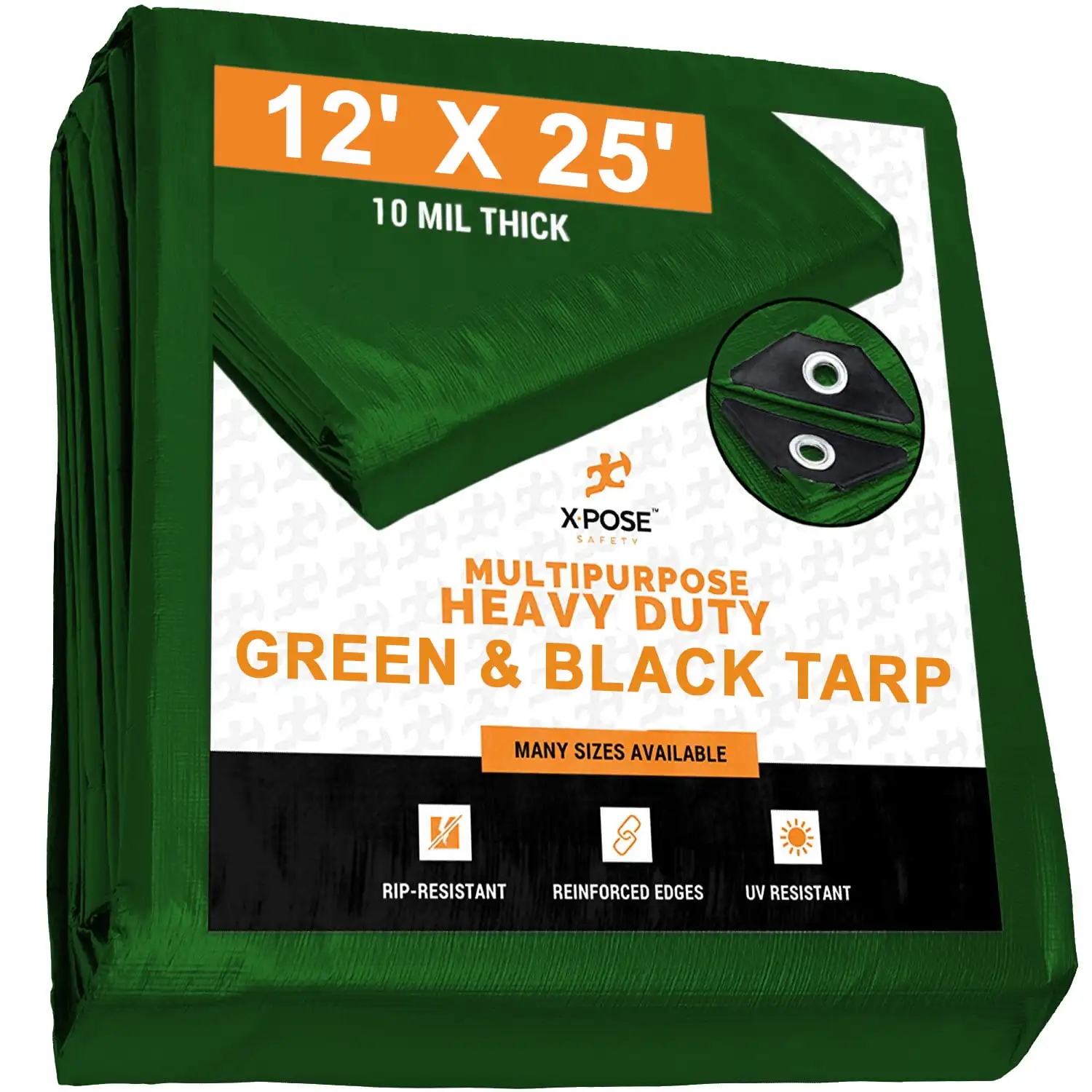 Heavy Duty Poly Tarp 12 Feet x 25 Feet 10 Mil Thick Waterproof, UV Blocking Protective Cover - Reversible Green and Black - Lami