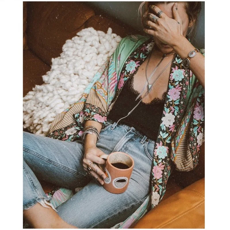 

Rayon Cotton Robes Batwing Sleeve Loose Fit Boho Kimonos Women Maxi Vestidos Sashes Long Duster Bohemian Cover Up Robes