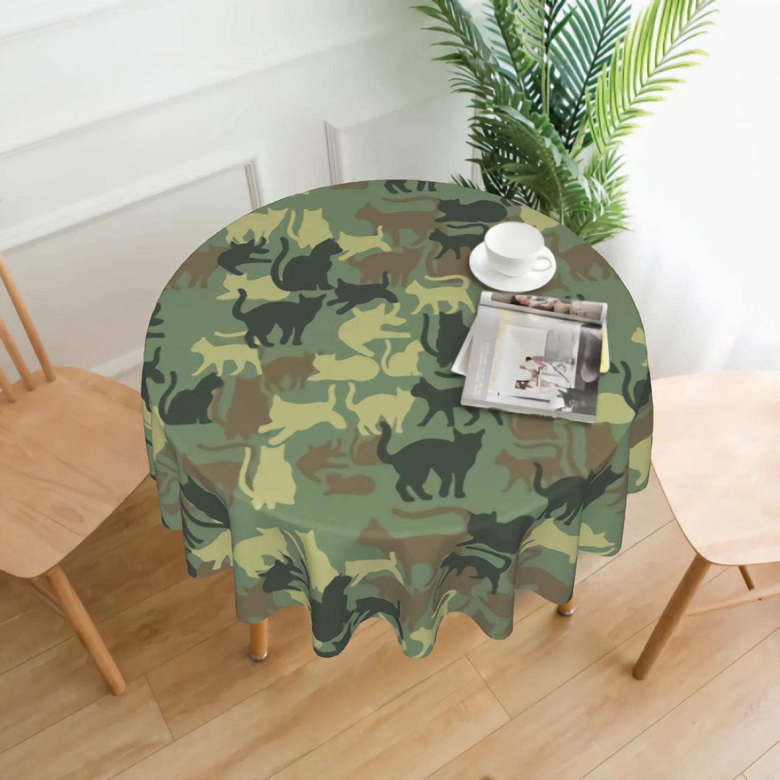 

Cute Cats With Camouflage Background Tablecloth Washable Black And White Cats Round Tablecloths Circular Table Cover Cloths