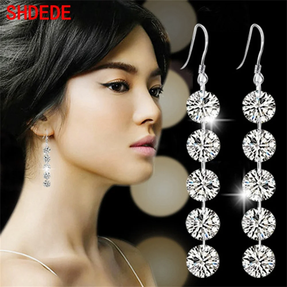 

SHDEDE Wedding Party Jewelry 925 Sterling Silver Earrings Cubic Zirconia Long Drop Dangle Thread Earings for Women Girl X095