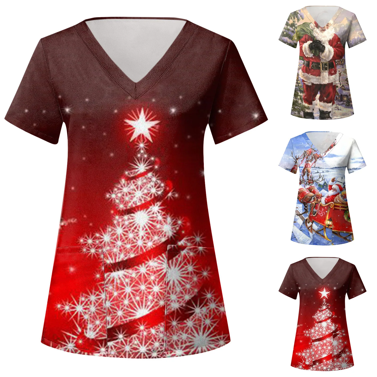 

2023 New Year Scrub Tops Women'S Ladies Casual Christmas Print Short Sleeve Pocket Loose Caring Workwear Clinic Beauty Uniform