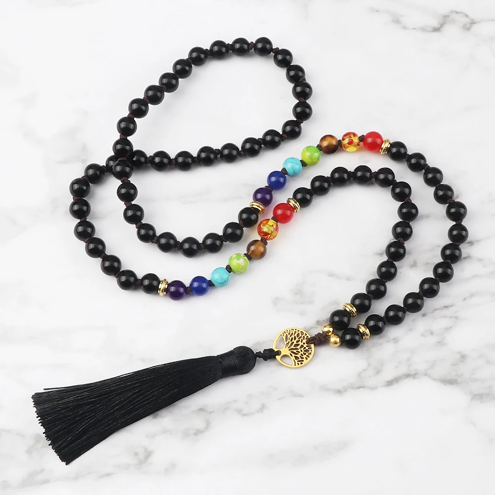 Винтажное ожерелье Shing с черными бусинами в виде 7 чакр модное подвеской дерева