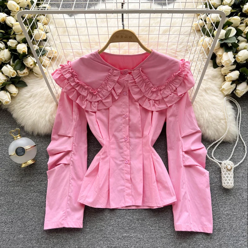 

Women Peter Pan Collar Shirts Layered Ruffle Korean Trendy Fashion Students Kawaii Lovely Daily Streetwear Womens Casual Blouses