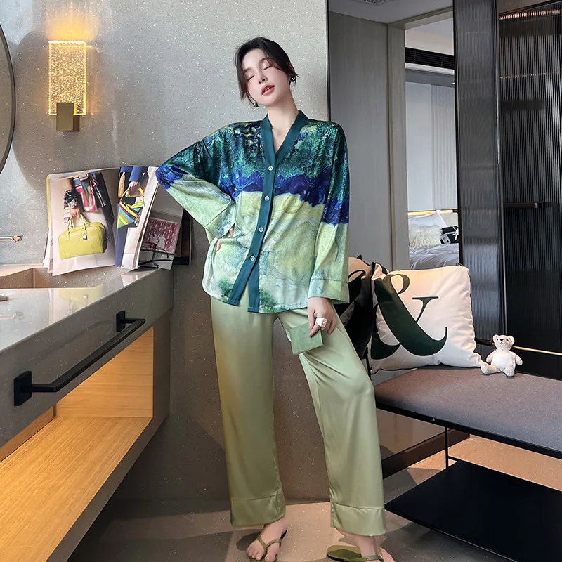 2023 NEW Women's Pajamas Set Luxury Style Painting Print Sleepwear Satin Silky Touch Homewear V Neck Nightie Casual Home Suit