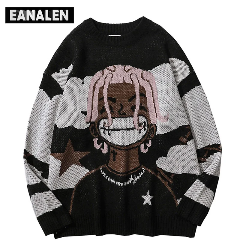 

arajuku vintae cartoon anime knitted sweater men winter oversized men's rock ip op rap pullover women jumper uly sweater