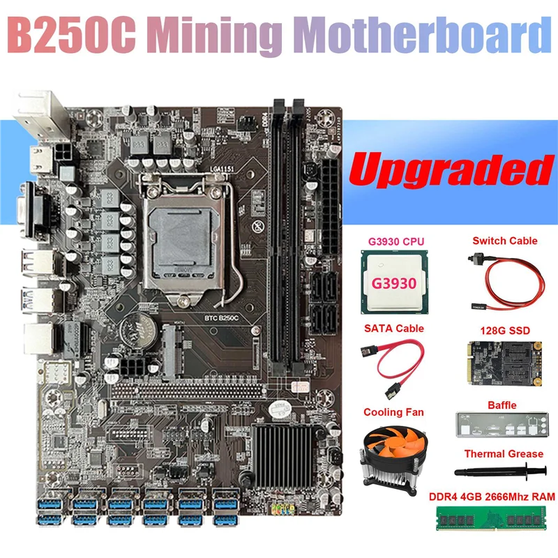 B250C ETH Miner Motherboard 12USB3.0+G3930 CPU+Fan+DDR4 4GB RAM+128G SSD+SATA Cable+Switch Cable+Thermal Grease+Baffle images - 6