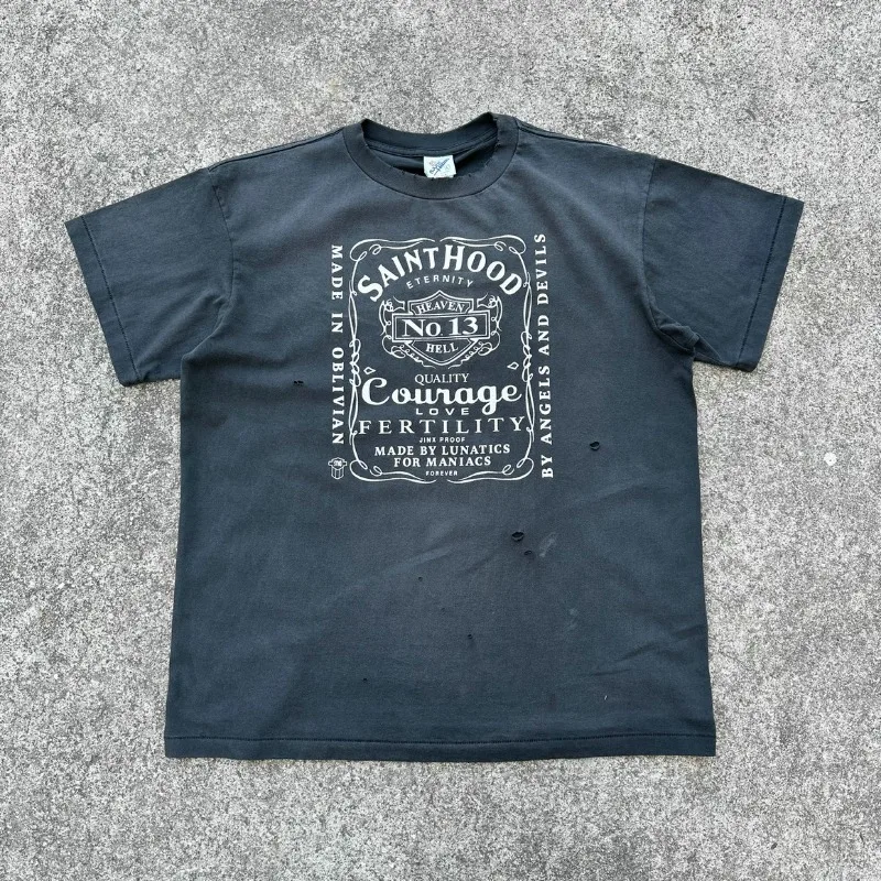 

23ss Saint Michael Black Washed T-Shirt Men Women 1:1 High Quality Oversized Destroy T Shirts