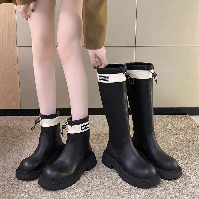 

Женские сапоги до колена в британском стиле и полусапожки с манжетами, модные сапоги из искусственной кожи, женская обувь на толстой подошве для осени и зимы