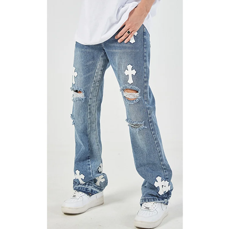 Streetwear Men Vintage High Street Cross Veneer Ripped Jeans Straight Cylinder Micro Horn Sense of Design Trousers Autumn Female