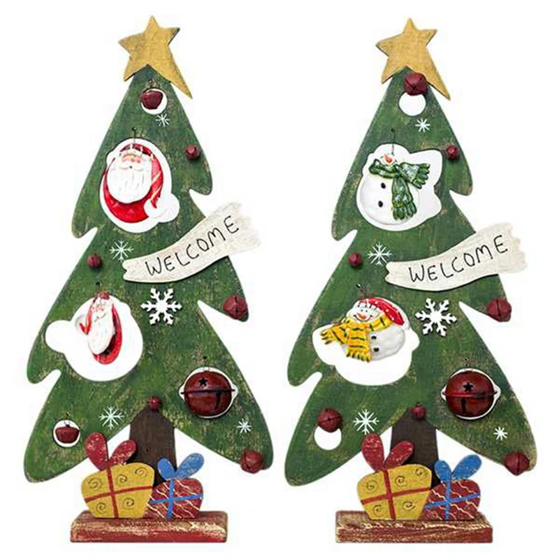 

2Pc Christmas Decorations Wooden Christmas Tree Ornaments Old Man Snowman Bells Retro Home Decoration