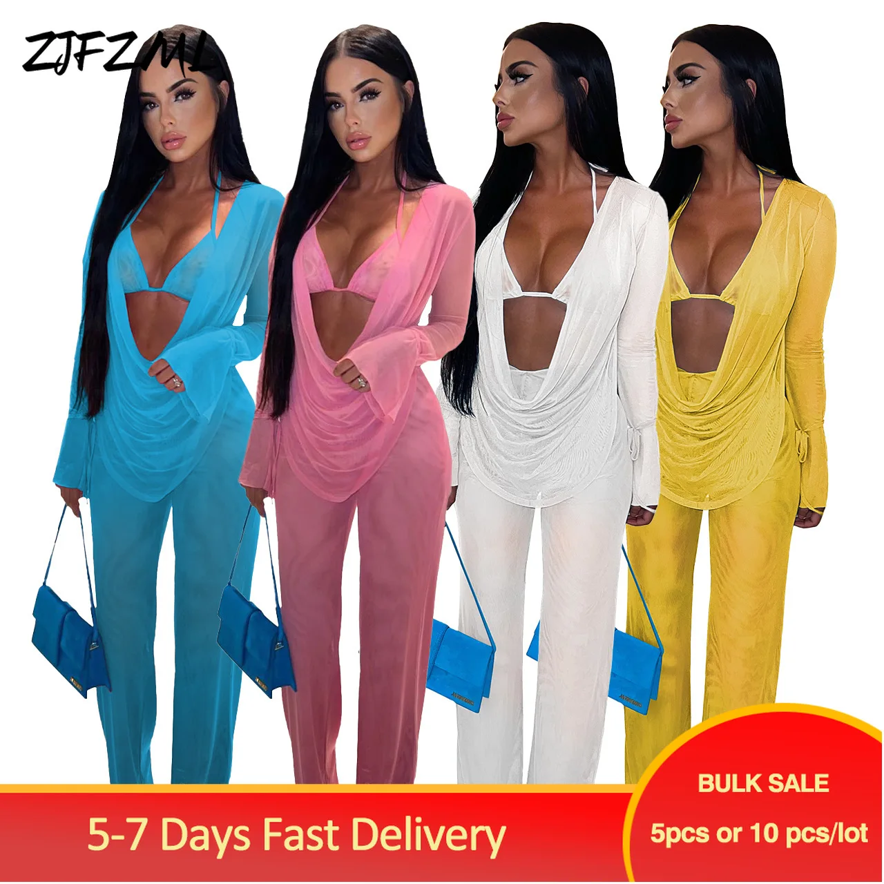 

Bulk Items Wholesale Lots Midnight Women Set Three Piece Matching Suit Mesh Transprent Sexy Cleavage Bra Top+t-shirts+loose Pant