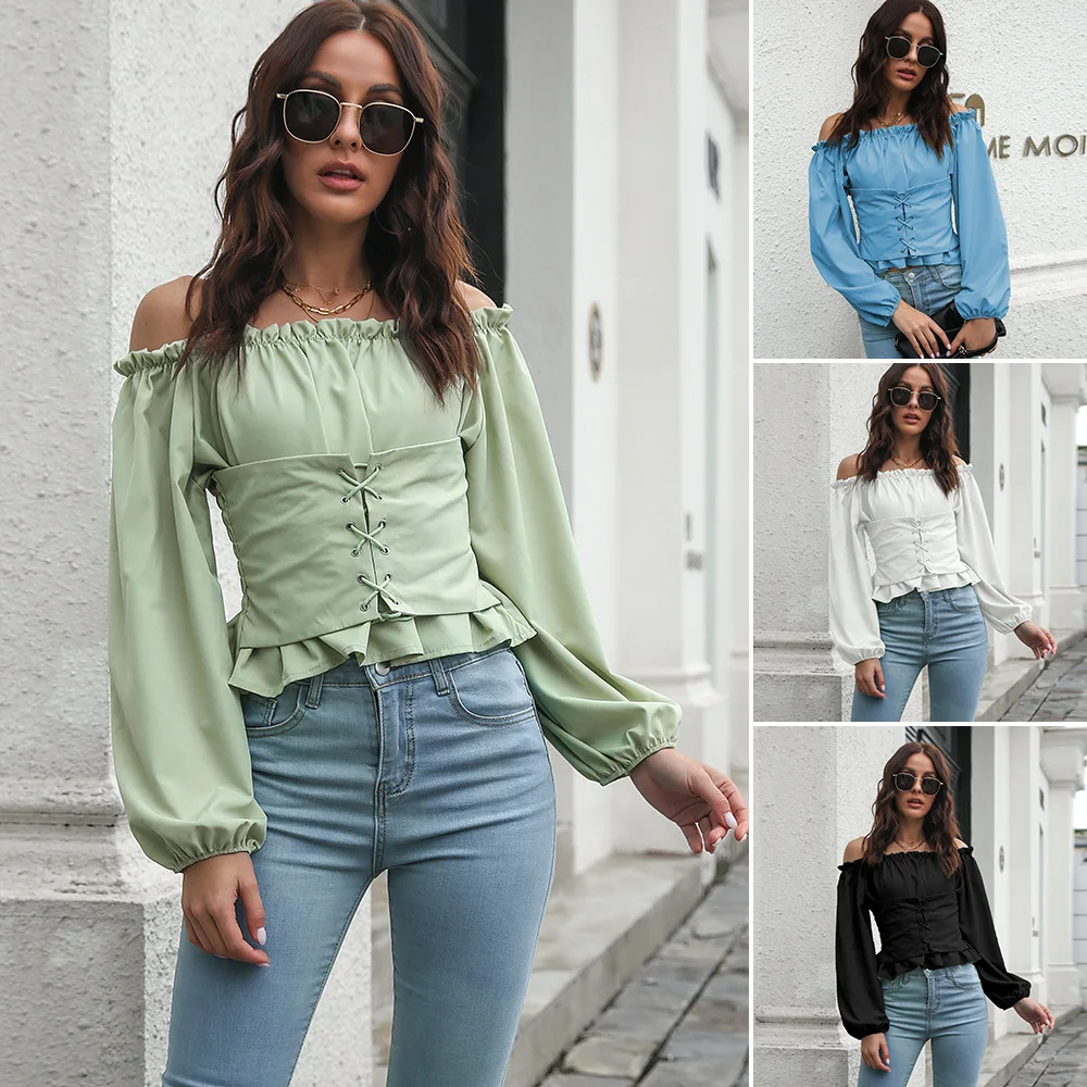 

New ins all-in-one front lace-up lantern sleeve collection waist corded waist short top women's long-sleeved chiffon shirt