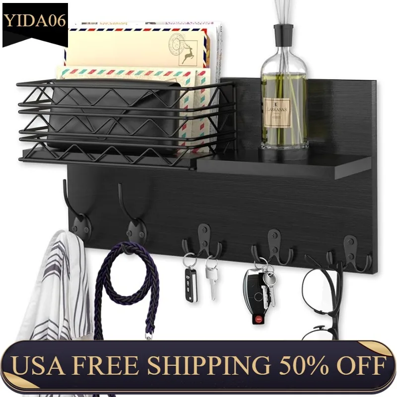 

AXTEE Key Holder for Wall, Mail Organizer Wall Mount Includes Mail Holder Coat Hooks and 2 Double Wall Hooks, Pine Rustic Home