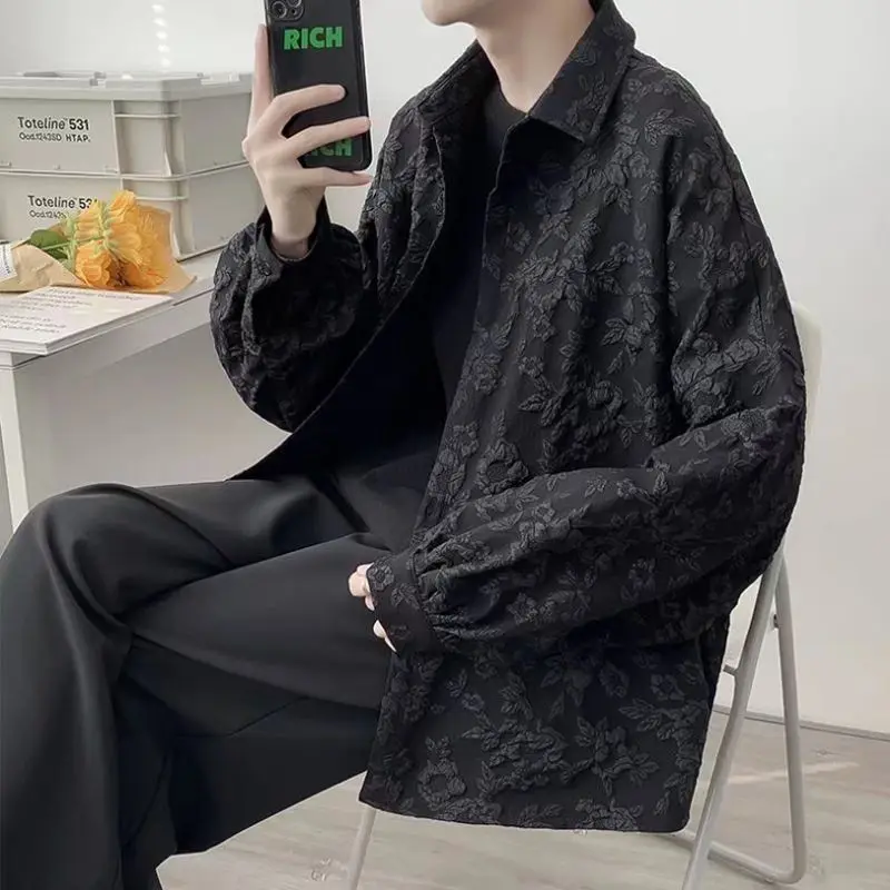 Black White Stereoscopic Printing Turn-down Collar Shirts Casual Four Seasons Men's Clothing Single Breasted Korean High Sense