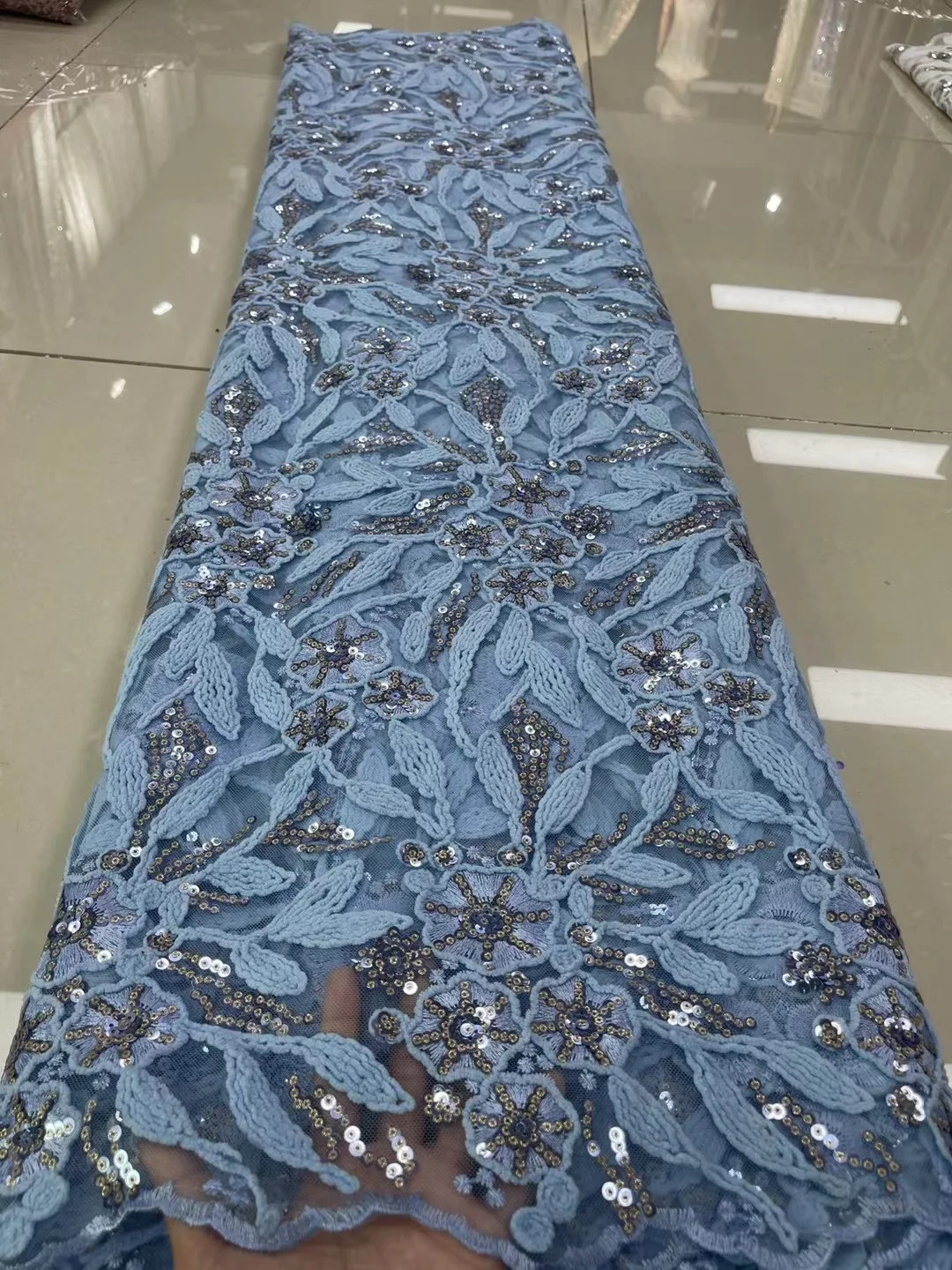 

Sky Blue Nigerian Lace Fabrics African Wedding Dress Lace Fabric Embroidered High Quality French Tulle Lace Fabric With Sequins