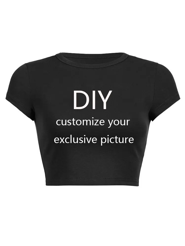 Your Exclusive DIY Print Pattern Customize Summer Short Sleeve O Neck Solid Color Cropped Navel Women Crop Tops Fashion T-Shirt