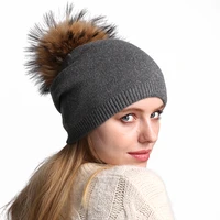 autumn winter pompom beanie hat women wool knitted skullies beanies casual female cashmere cap real raccoon fur pompom hat