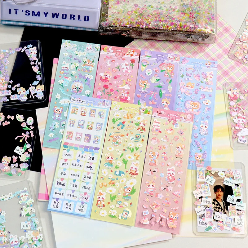

Korean Cute Flower Rabbit Laser Stickers Photo Frame Decoration Idol Card Scrapbooking Diary DIY Hand Account Stationery Sticker