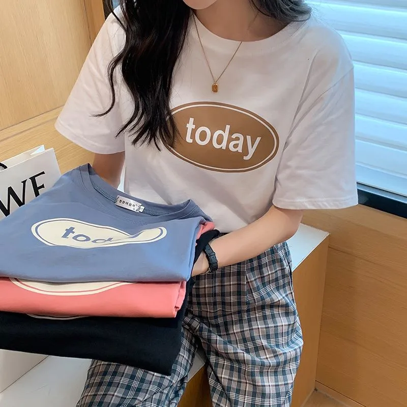 

Женская одежда Y2K, летние хлопковые футболки с круглым вырезом, свободные топы с надписью, футболки, женские футболки в стиле Харадзюку, моде...