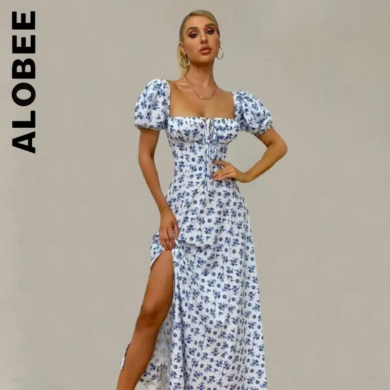 

Alobee Fashion Women Dress Basic Outfits Elegant Floral Print Puff Sleeve Tie Front High Split Dress Club Vestidos Female