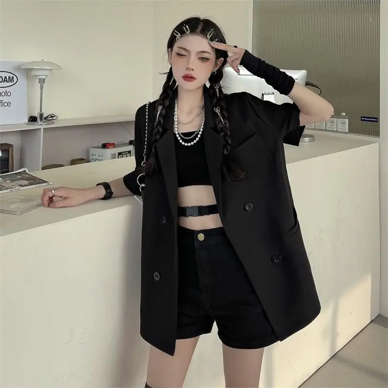 Blazers Women Short Sleeve Fashion Leisure All-match Solid Double Breasted Summer Simple Chic Mujer Clothing Daily Korean Style