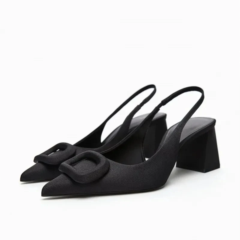 

Женские босоножки на квадратном каблуке TRAF, черные однотонные туфли-лодочки с острым носком, офисная обувь с ремешком на пятке для лета, 2023