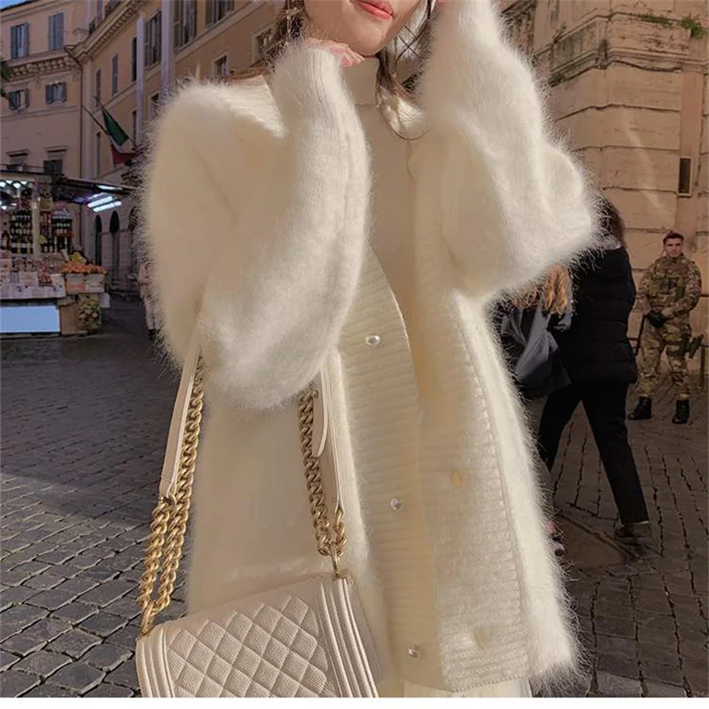 Женский норковый кашемировый кардиган, свитер, пальто, корейская мода, Осенний вязаный мохеровый толстый свободный свитер с V-образным вырезом, однотонное пальто G292