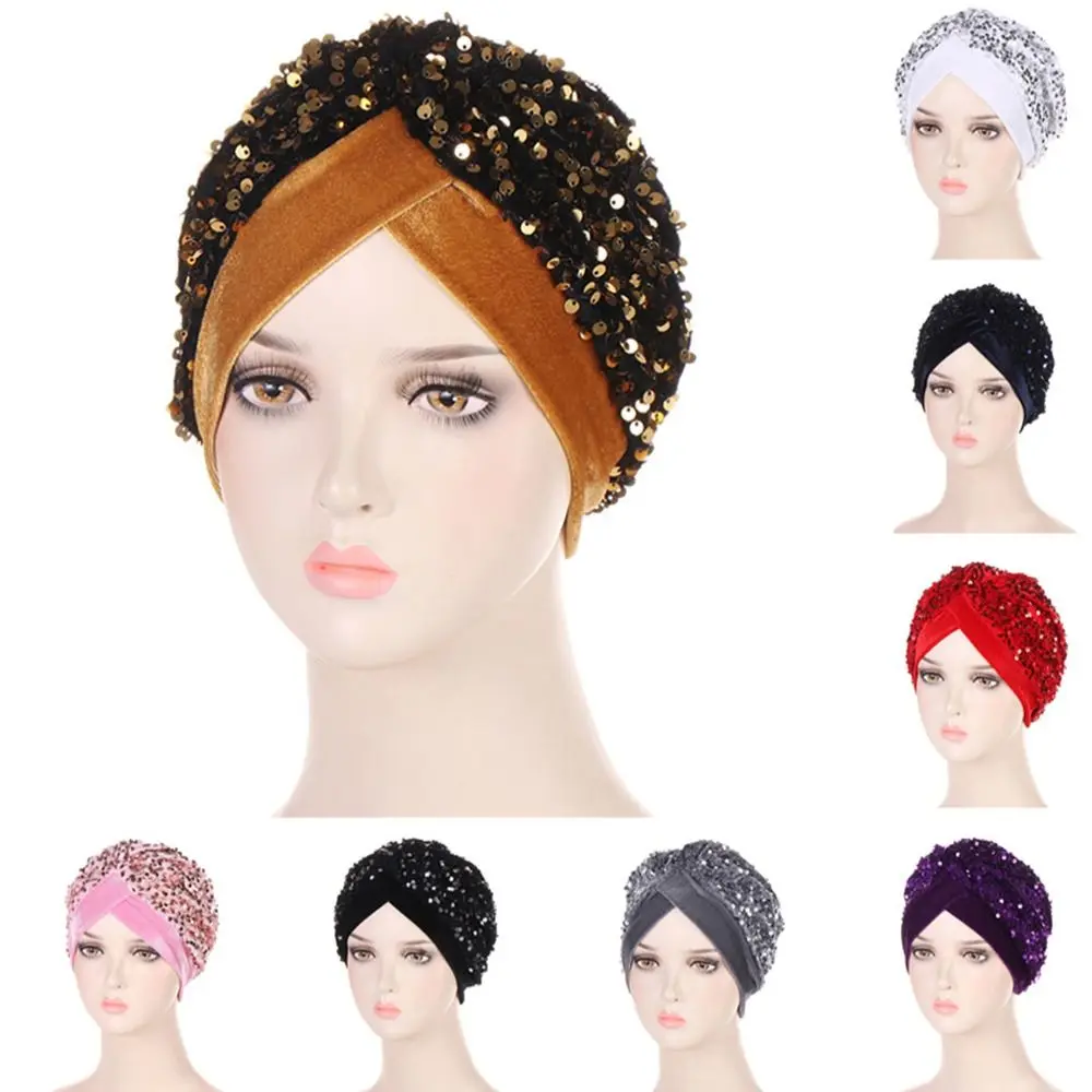 

Women Glitter Sequins Turban Hat Muslims Bonnet Twist Solid Color Hijab Chemo Cap Head Wraps Elegant Headscarf Stretchy Headband