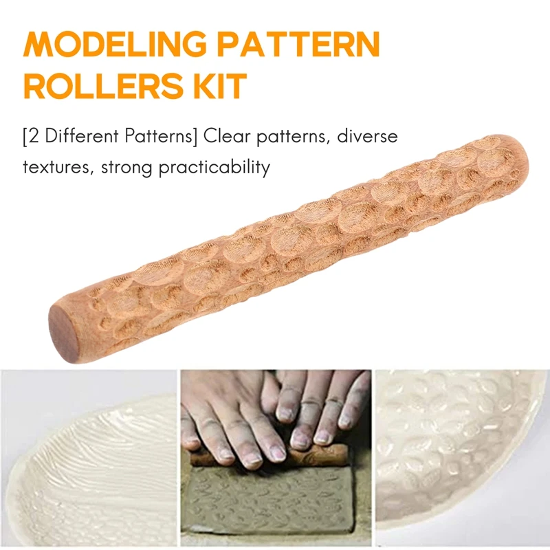 2Pcs Clay Modeling Pattern Rollers Cobblestone Wood Grain Rolling Pin Textured Hand Roller Pottery Tools