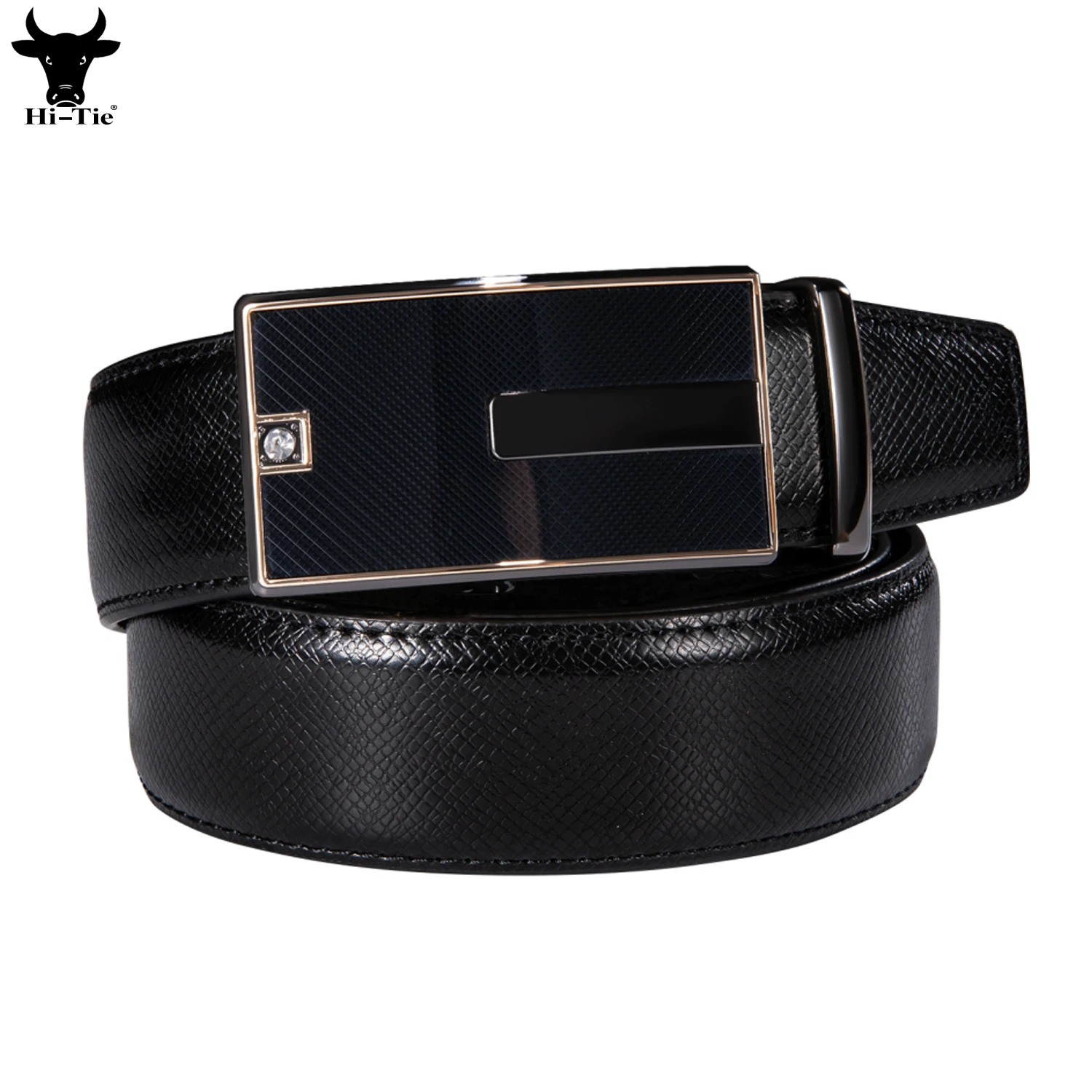 Hi-Tie Black Genuine Leather Mens Belts Luxury Automatic Buckles Ratchet Vintage Waistband Belt for Men Jeans Dress Business XXL