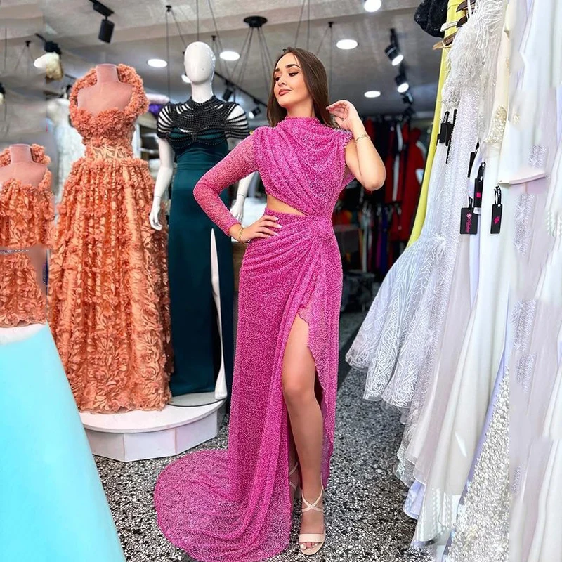 

Glitter Rose Red Sequin Off The Shoulder Evening Dress Sexy One-Shoulder Side Split Prom Dress Shiny Glitter Vestidos De Noche