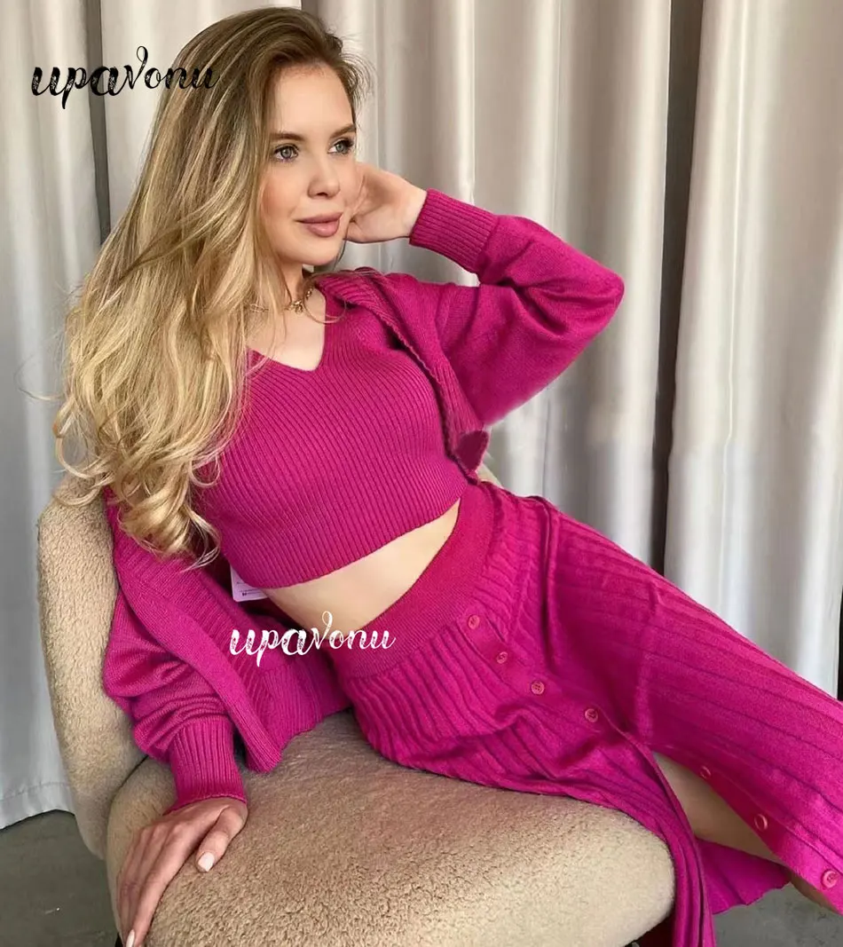 Бесплатная доставка элегантный вязаный свитер комплект из 3 предметов кардиган с