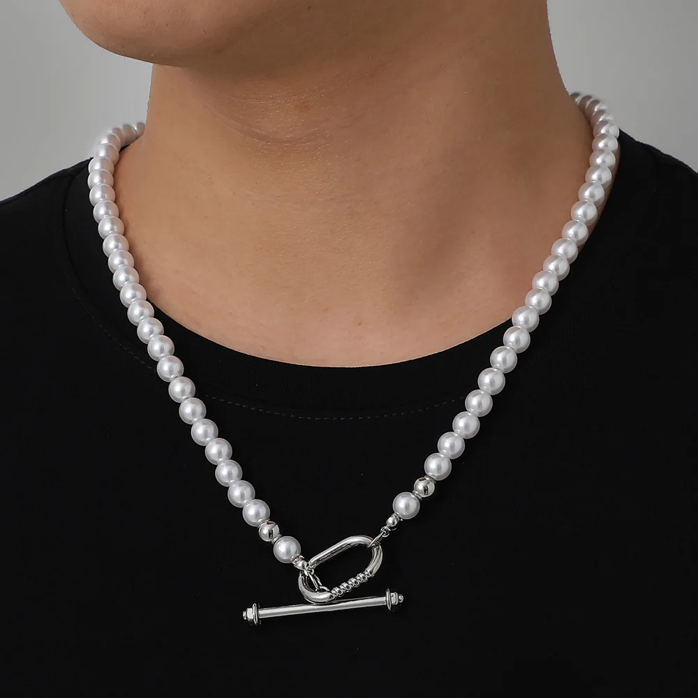 Simple Design Imitation Pearl Beaded Necklace Men Trend Punk Choker Metal Geometric Pendant Fashion Jewelry Accessories |