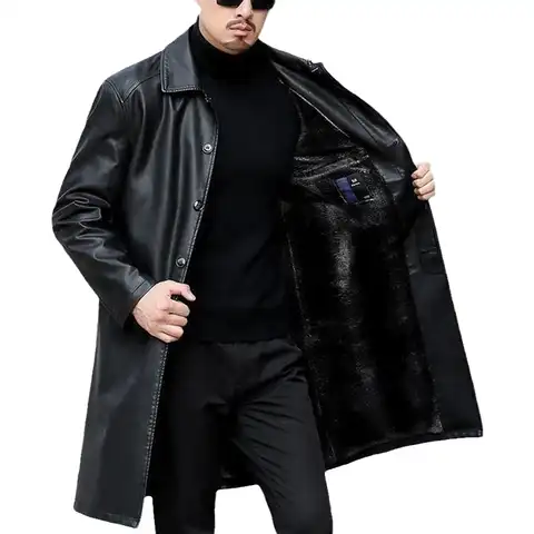 Тренчкот мужской кожаный, длинное пальто, модная верхняя одежда