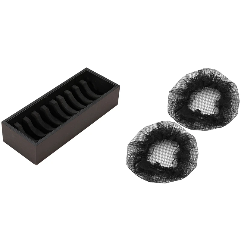 

2Pcs Nylon Mesh Stretchy Ballet Bun Hair Covers Hairnet Black for Woman & 1x 10 Slot Jewelry Display Box Bracelet Holder