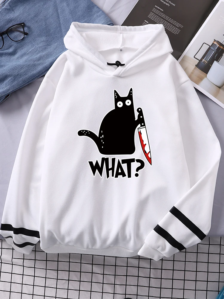 

What Black Cat Holds A Bloody Knife Print Women Splicing Hoodies Fashion Oversize Sweatshirt Funny Autumn O-Neck Female Clothing