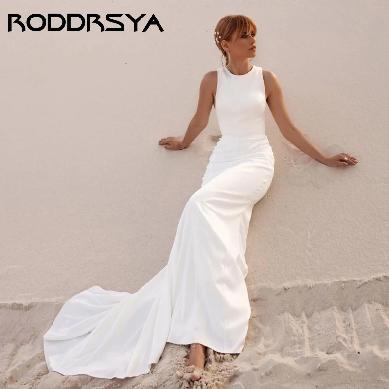 

RODDRSYA Simple Satin Sleeveless Mermaid Wedding Dress Elegant O-Neck Civil Bridal Gown Sexy Backless Button Vestido De Noiva