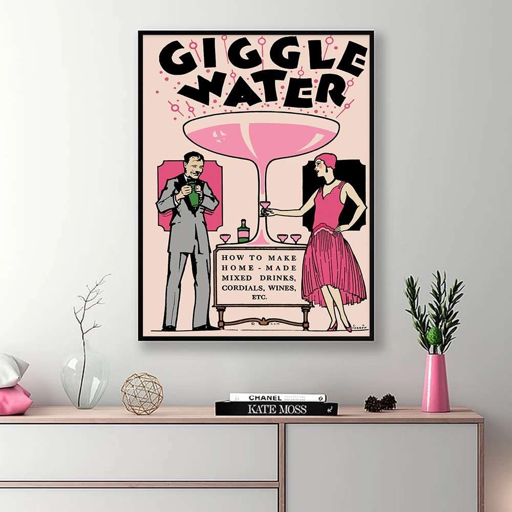 

Vintage Cocktail Retro Poster Art Print Pink Cartoon Wall Pictures Bar Cart Entryway or Living Room Decor Canvas Painting