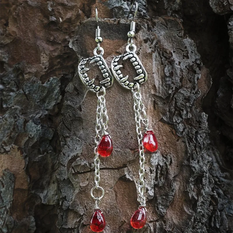 

Vampire Fangs Blood Drop Dangle Earrings, Horror Gothic Witch Pagan Gift Witchcraft Magic Dracula Steampunk Bat Jewelry