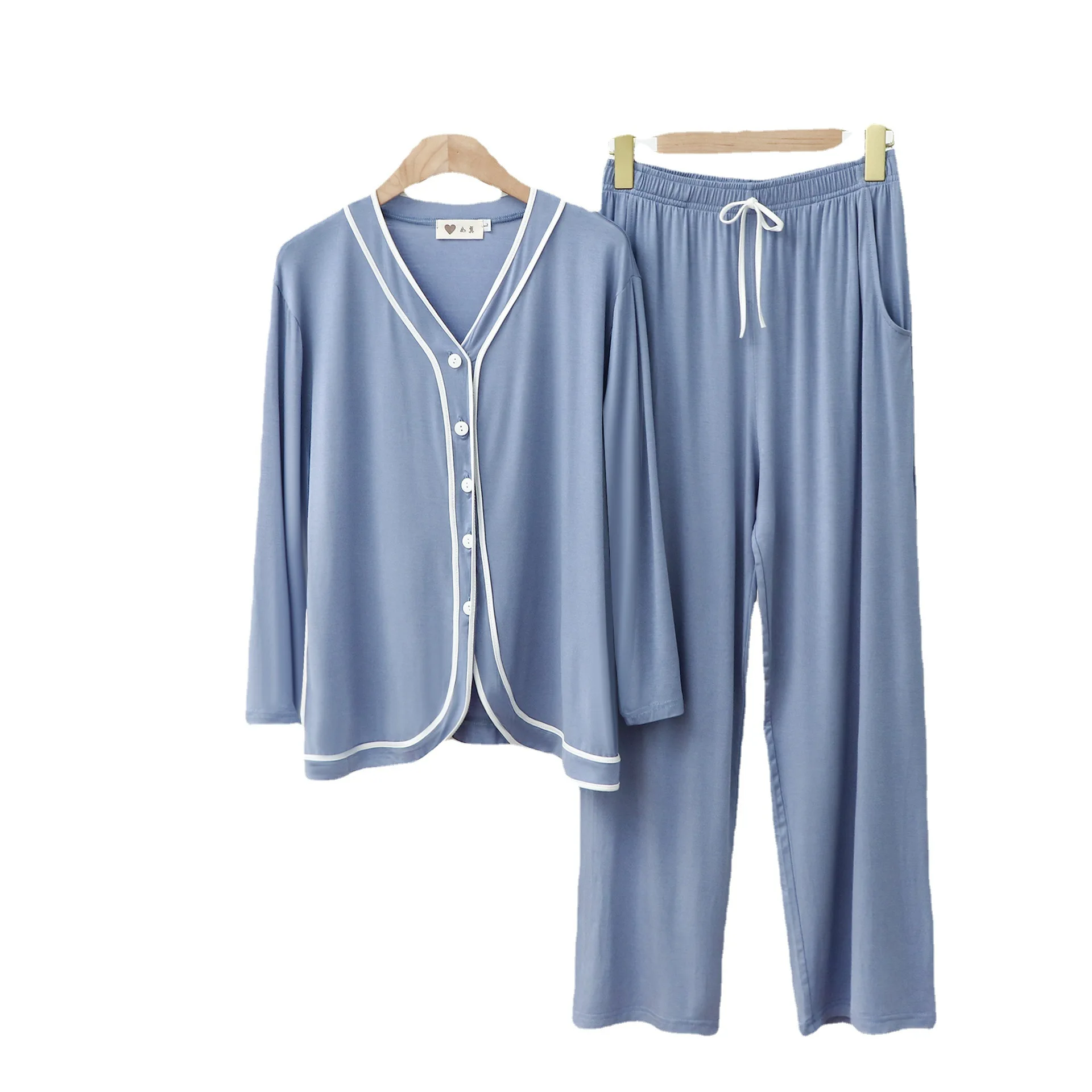 Modal Pajamas Women Tracksuit Cardigan Hemming Long Sleeve Trousers Two Piece Set Pocket Solid Color Leisure Suits Lounge Wear