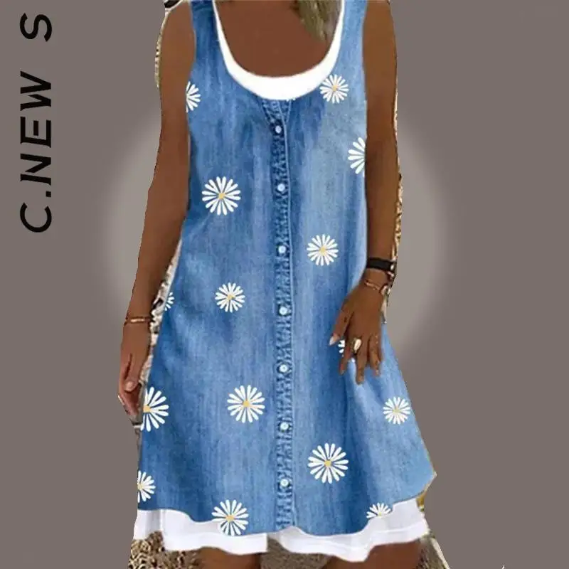 Женское платье до колен с цветочным принтом без рукавов |