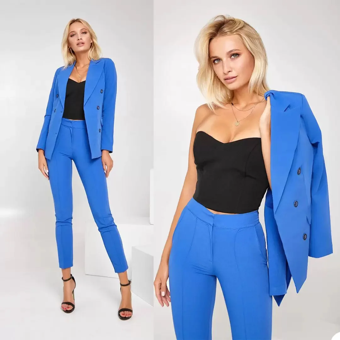 Formal Women Blazer Suits Blue Long Sleeve Double Breasted Ladies Outfits Evening Party Wedding Slim Leg Pants Suit 2 Pieces