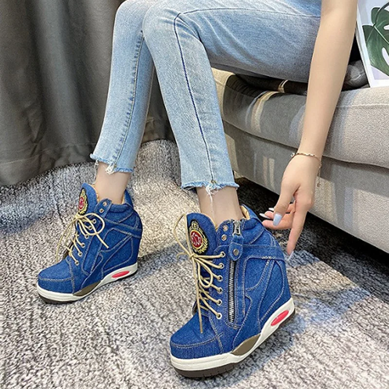 

2022 Autumn European and American Fashion Personality Muffin, High rise, Thick soled, Casual Denim, Lace up Short Boots, Female