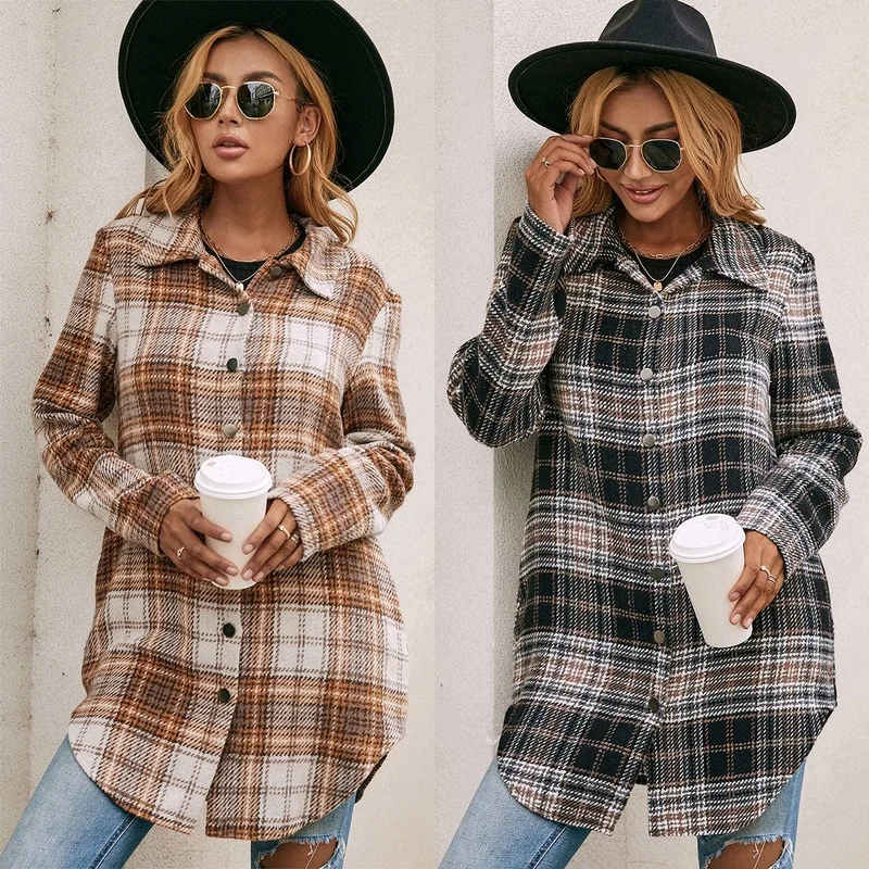 Women Loose Casual Plush Plaid Long-sleeved Shirt Jacket Coat Brushed Plaid Trench Coat Shirt Long Coat Women