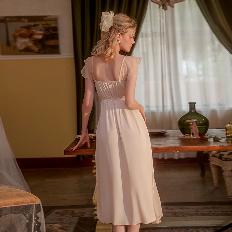 Nightdress New Spring Autumn Women Elegant Holiday Dresses Puff Sleeve Slash Neck Off Shoulder Smocked Apricot color Dresses