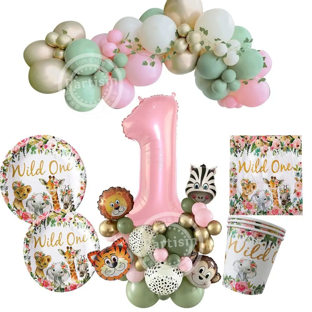 

Wild One Pink Animal Themed Disposable Tableware with Animal Balloon Tower for Girl's Jungle Forest Birthday Party Decorations