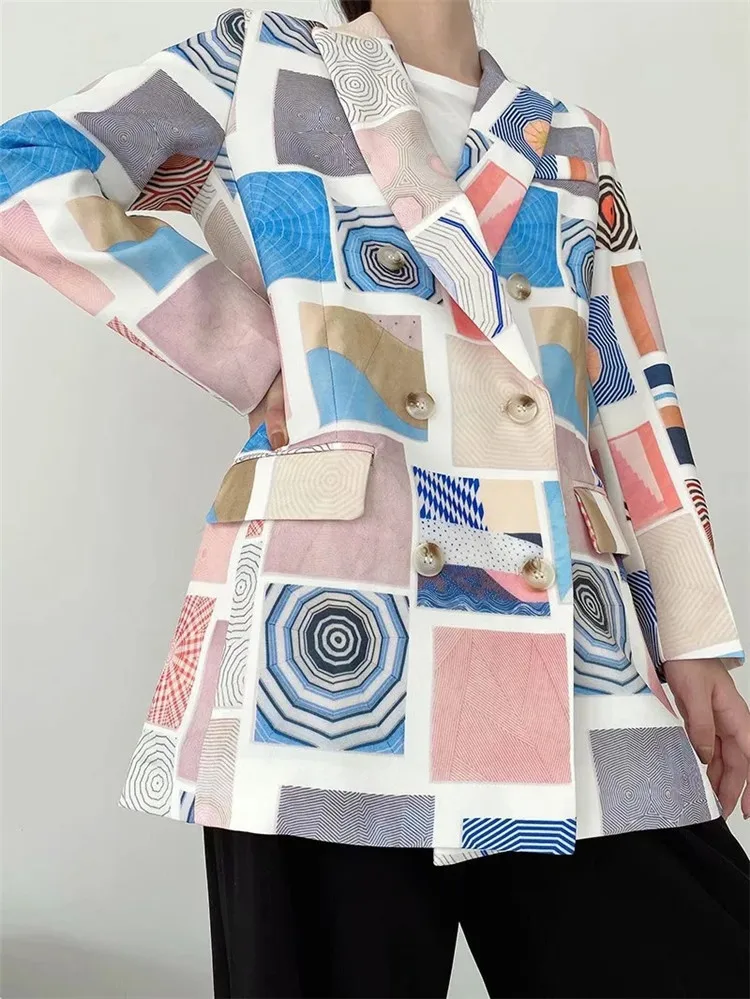 Fashion Harajuku Blazer 2023 Women Space Pattern Printed Casual Office Blazer Suit Autumn Winter Mid-Length Double Breasted Suit