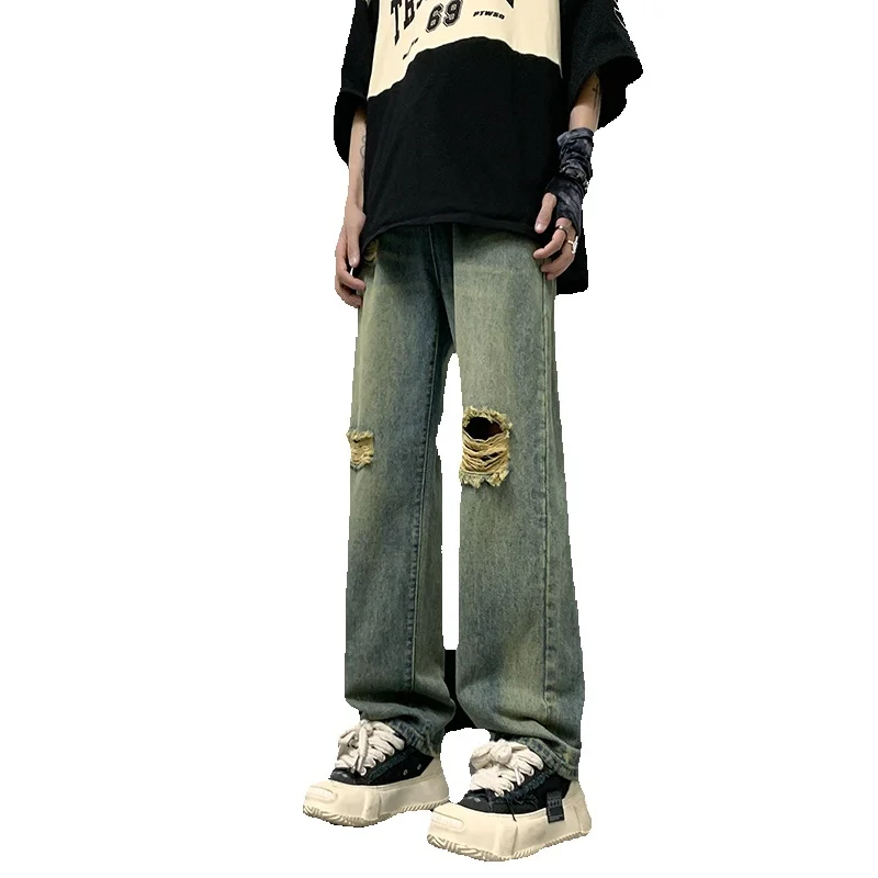 Summer Ripped Baggy Jeans Men Fashion Retro Hole Straight Jeans Men Japanese Streetwear Hip-hop Loose Denim Pants Mens Trousers