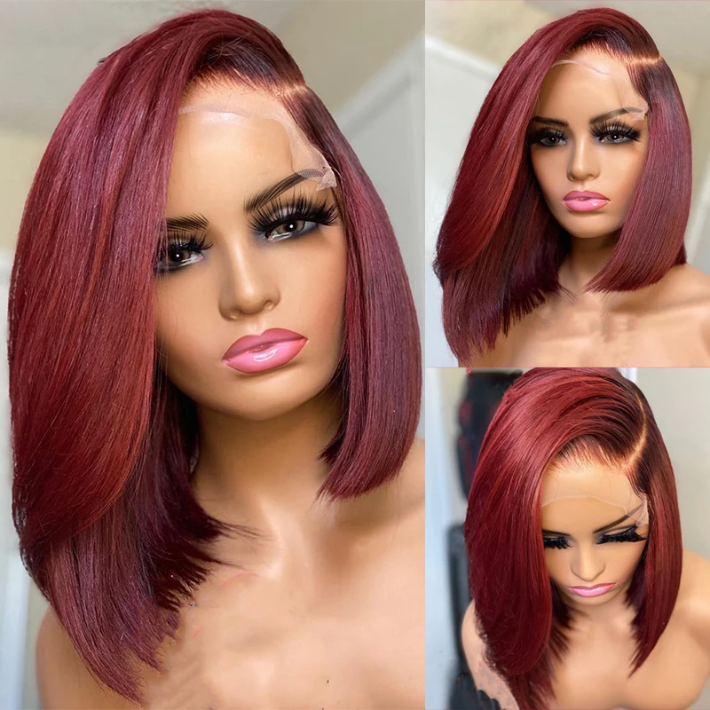 Burgundy Lace Front Human Hair Wigs Straight Bob Wig 4x4x1 Lace Closure Wig For Women T Part Lace Wig #99J Brazilian Pre Plucked